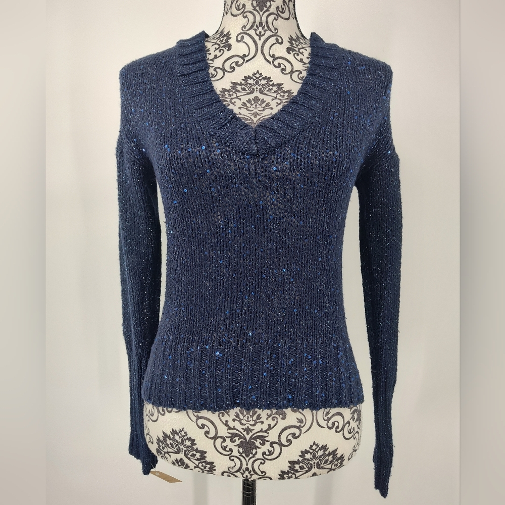 Mudd Deep Blue Glittery Threads And Sequins V-Neck Sweater Size Women's Medium